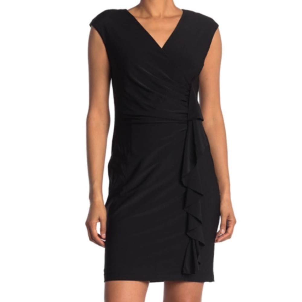 NWT, Carmen Marc Valvo Black Ruffle Front Dress.